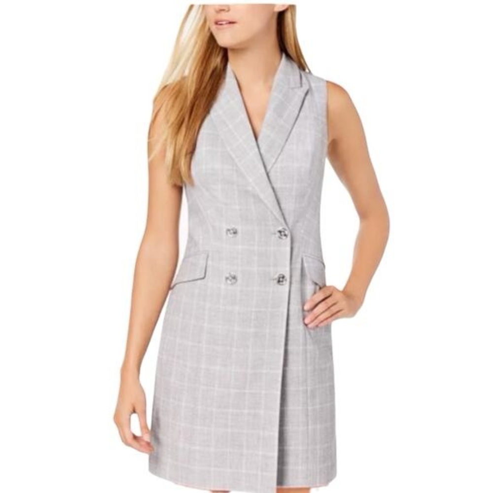 Calvin Klein Dress Women’s Gray Plaid Double Breasted Sleeveless Collared